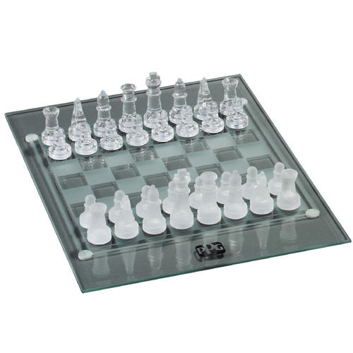 Embassy Chess Set Glass Chess Board playing pieces - Clear and frosted Glass finishes one color one position imprint on the chess board