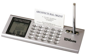 Desk Calculator & World Time Clock with Pen and Business Holder 