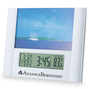 Picture Frame Silver Clock with Day and Temperature imprinted with your logo